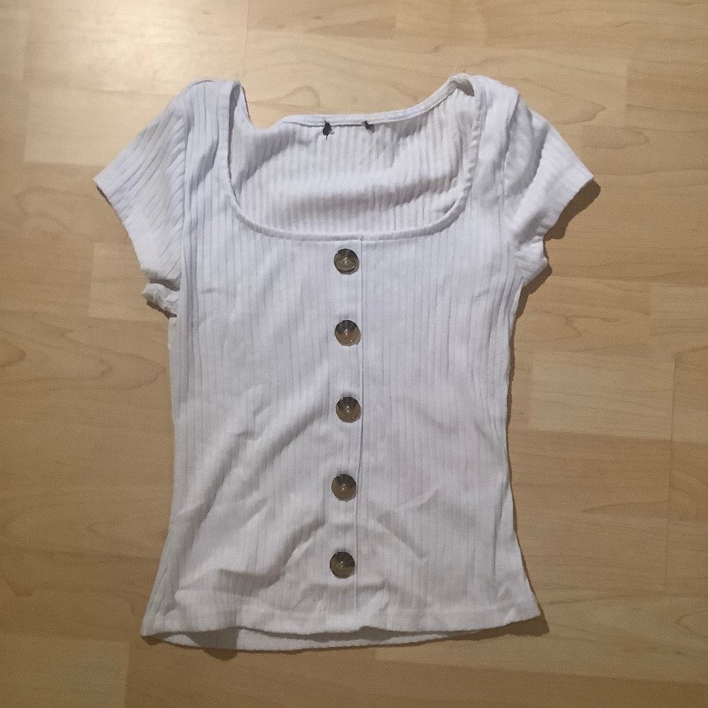White Ribbed Button Down Short Sleeve Top